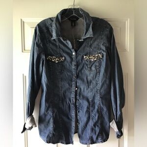 White House Black Market Embellished Denim Shirt